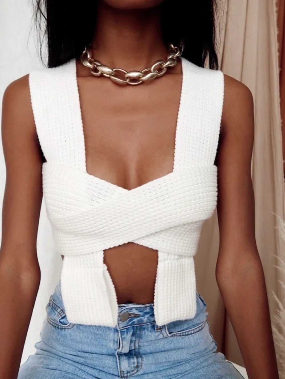White Knit Sleeveless Multi way top Sweater Vest belt